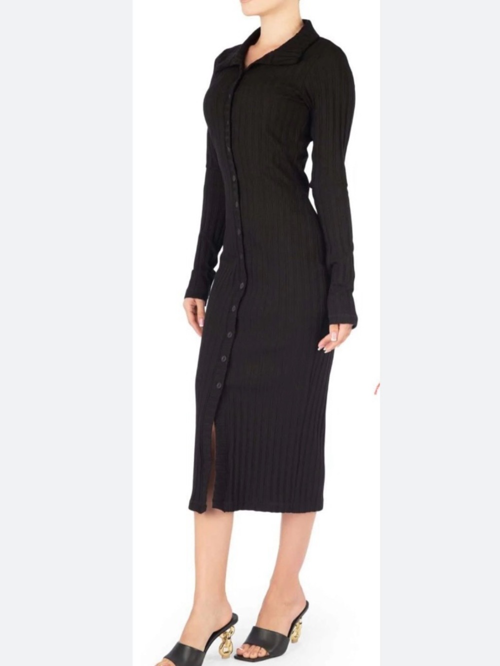 Good American Black Ribbed Button Front Long Sleeve Midi Dress 2